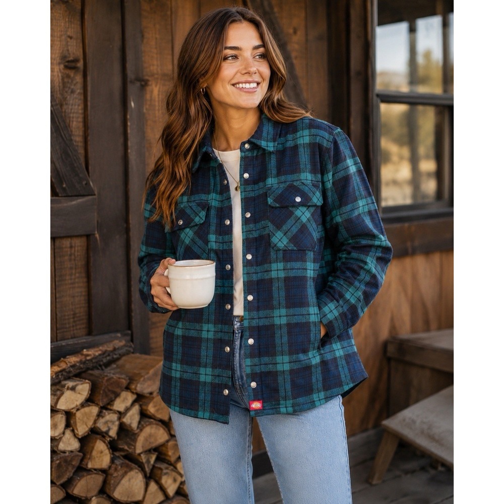 Dickies Plaid Quilted Flannel‎ Shirt Jacket Womens M Blue Green Snap Shacket